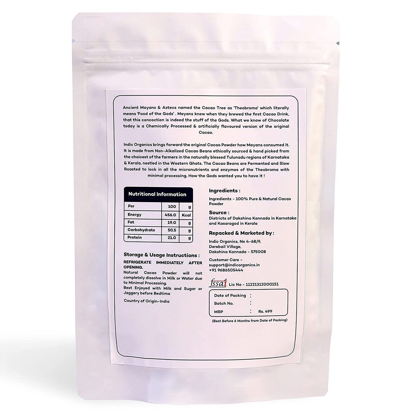 Indic Organics Artisanal Cacao Powder (Non-Alkalized, Indian Origin, Heavy Metals Tested)