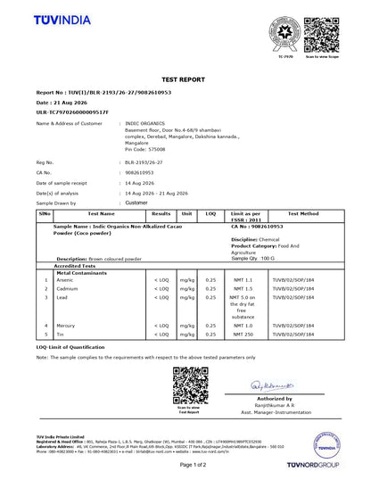 Indic Organics Artisanal Cacao Powder (Non-Alkalized, Indian Origin, Heavy Metals Tested)