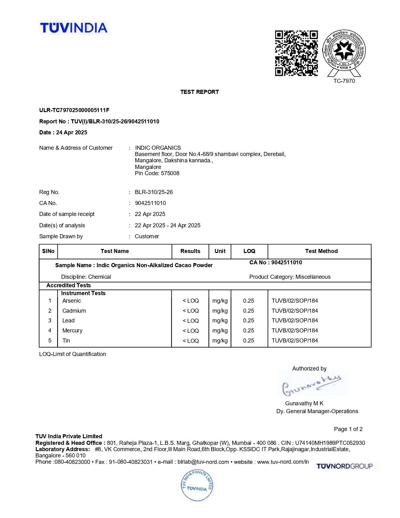 Indic Organics Cacao Powder Heavy Metals Lab Report
