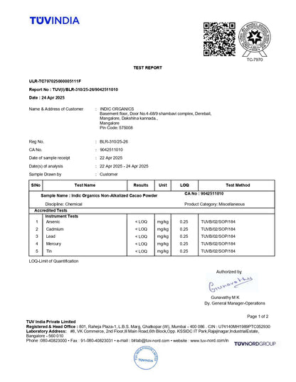 Indic Organics Cacao Powder Heavy Metals Lab Report